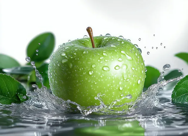 A green apple splashes in clear water with droplets and fresh green leaves on a light background.