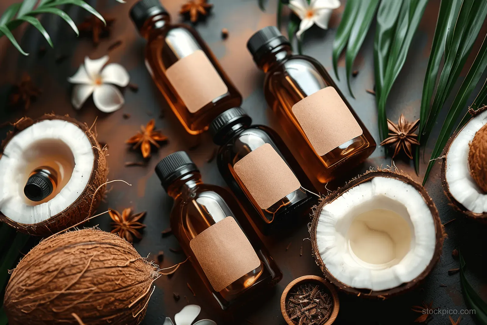 Coconut oil bottles and coconut halves with spices and leaves arranged on a dark tabletop.