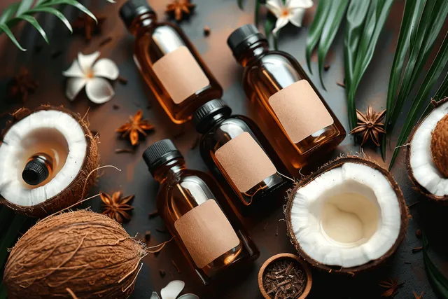 Assorted coconut oil bottles with fresh coconut halves and spices on dark herbal backdrop