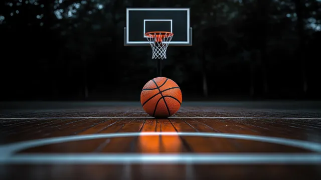 An orange basketball sits on a wooden court beneath a basketball hoop with dark trees behind it.