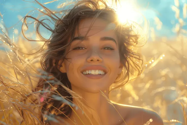 Smiling young woman in a sunlit wheat field with windblown tousled hair