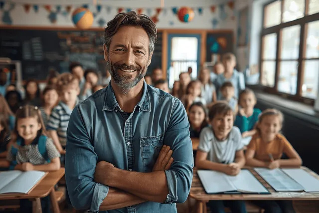 Smiling male teacher stands before students in a cheerful classroom with bright decorations