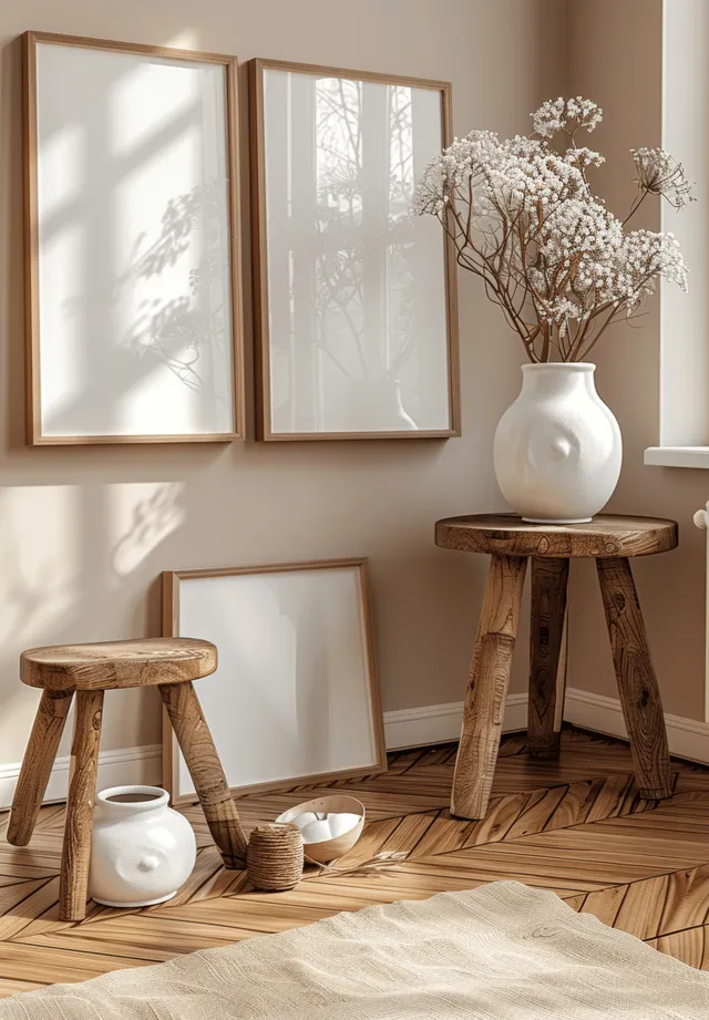 Wooden stool sits on light rug in a Scandinavian boho room next to a white ceramic vase and two blank frames.