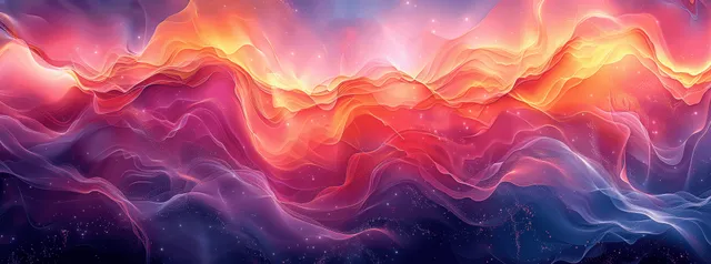 Glowing wavy abstract layers in orange and pink blend across a deep purple background.