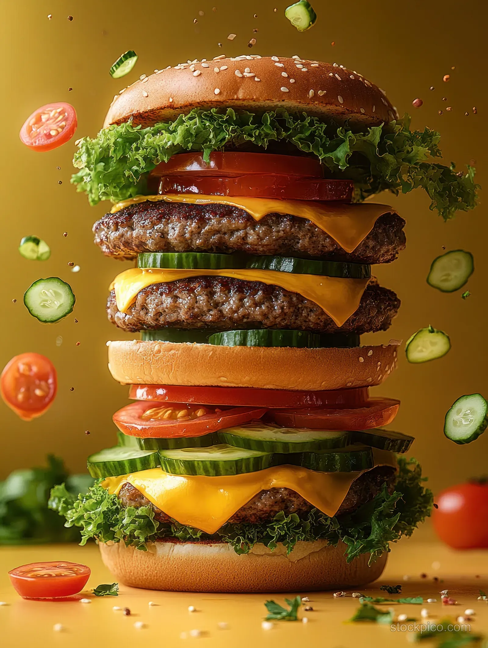 Tall triple cheeseburger with melted cheddar and layered lettuce, tomato, and cucumber on a warm background.