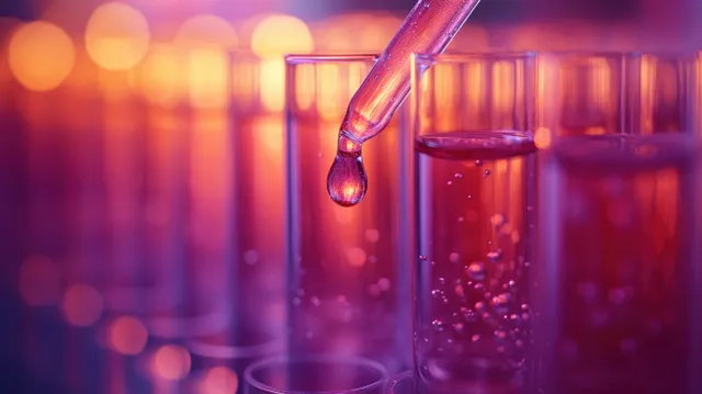 A droplet falls from a pipette into a test tube with warm laboratory lights behind it.