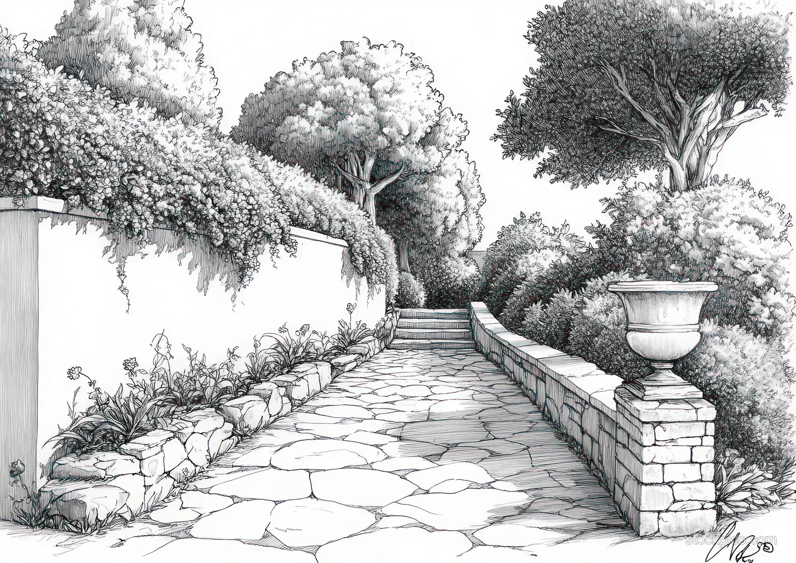 Monochrome garden canal walkway with stone edging, hedges, and morning glory vines leading to a distant vanishing point.