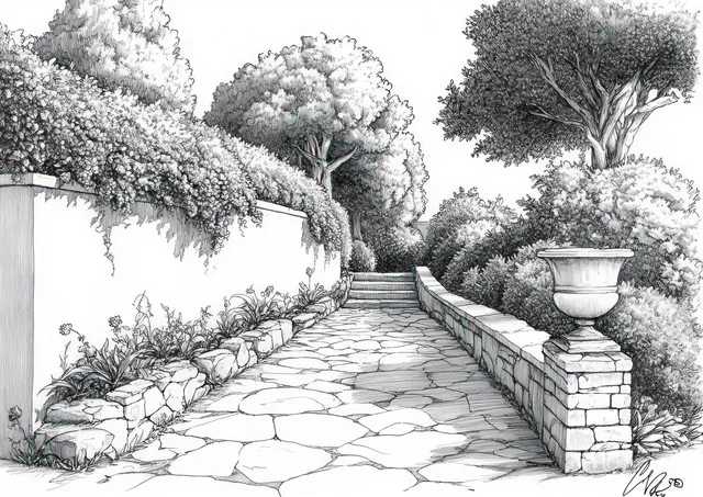 Monochrome garden canal walkway with stone edging, hedges, and morning glory vines leading to a distant vanishing point.