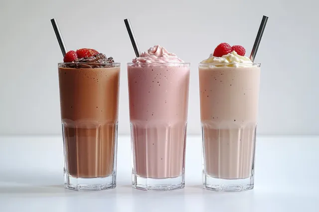 Three tall milkshakes—chocolate, strawberry, and vanilla—topped with whipped cream and raspberries on a white surface.