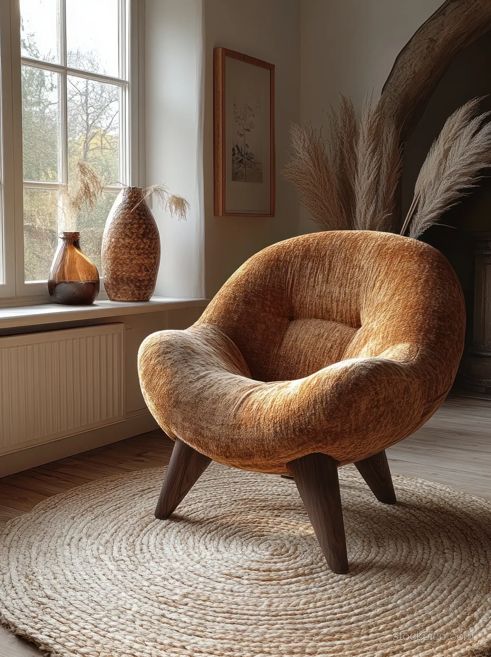 Sunlit living room corner with a tan upholstered chair on a woven rug beside a large window.