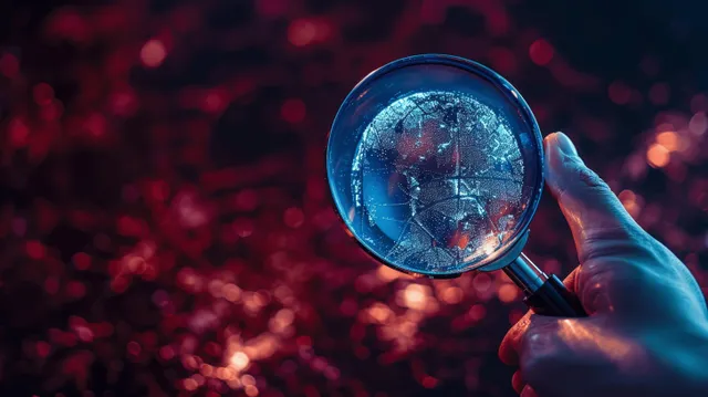 A hand holds a magnifying glass revealing glowing fire hot spots in front of a red smoke background.