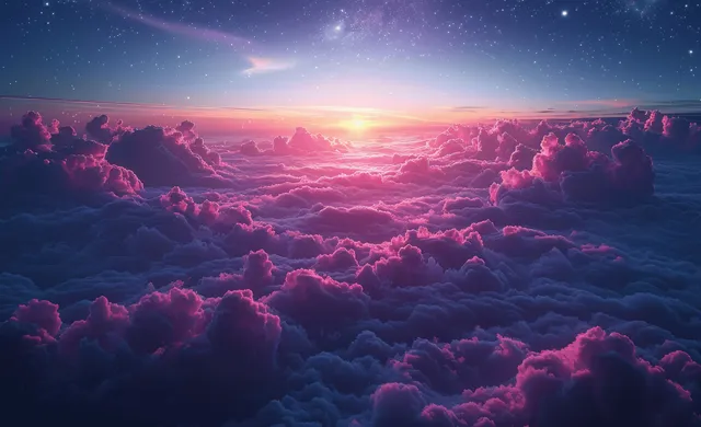 Purple and blue clouds at sunset gradually blend into a starry night sky above the horizon.