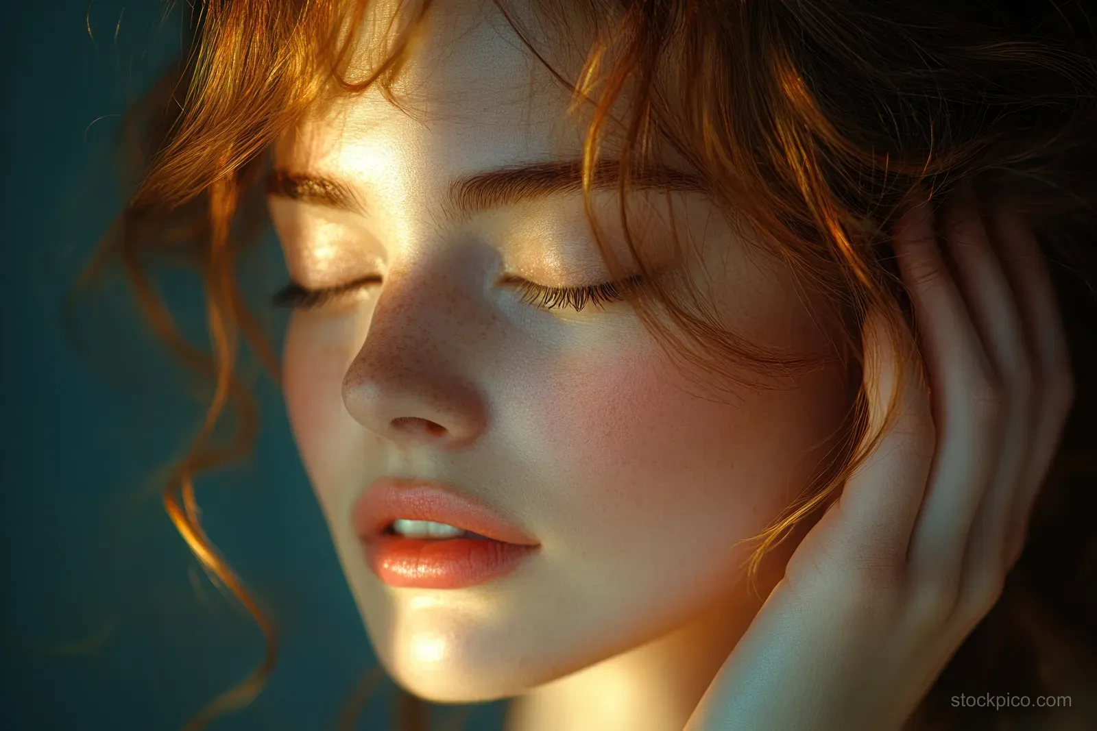 European woman smiling and touching her cheek in a softly lit studio skincare portrait.