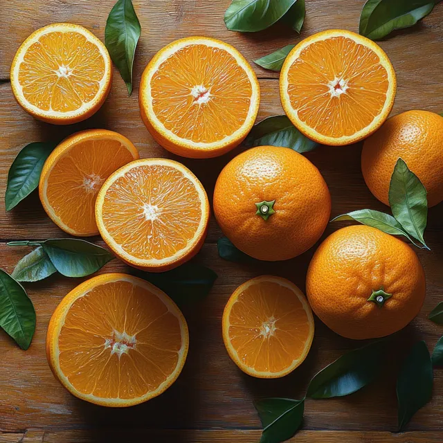 Ripe oranges whole and halved with green leaves scattered on a wooden surface under sunlight.