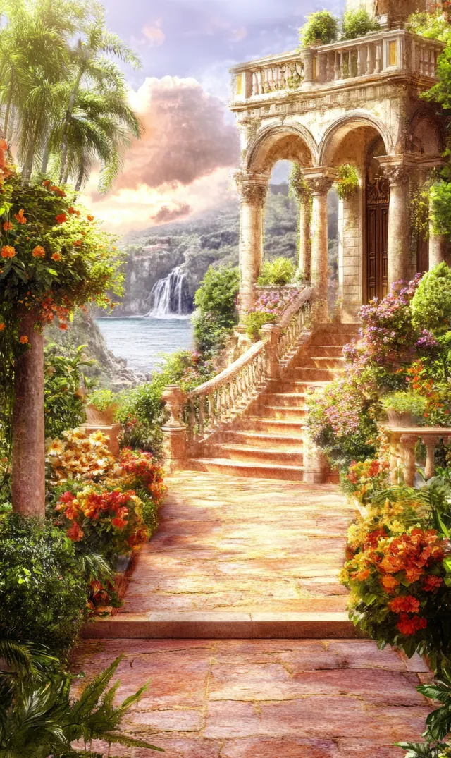 A tropical garden stone path with wooden gate and arched columns leads to an ocean view under sunset clouds.