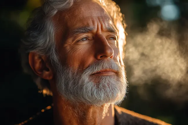 An elderly man with a white beard exhales visible breath outdoors while warm winter sunlight highlights his face.