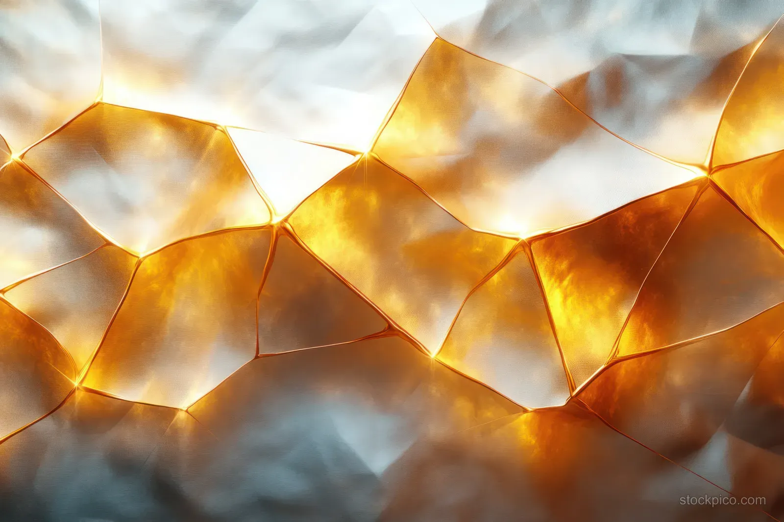 Golden faceted polyhedrons connected into a geometric network with soft glow across the image.