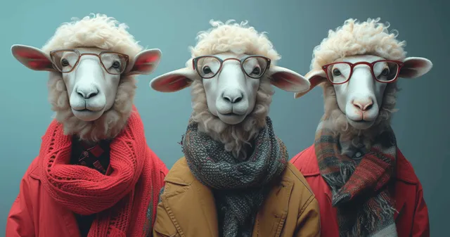 Three sheep wearing wigs and glasses posing in a studio group portrait against teal