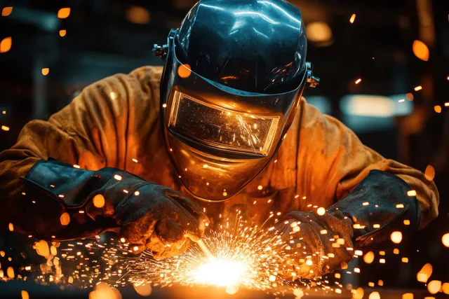 Welder in protective helmet welding steel with bright sparks in an industrial workshop with Shallow Depth Of Field