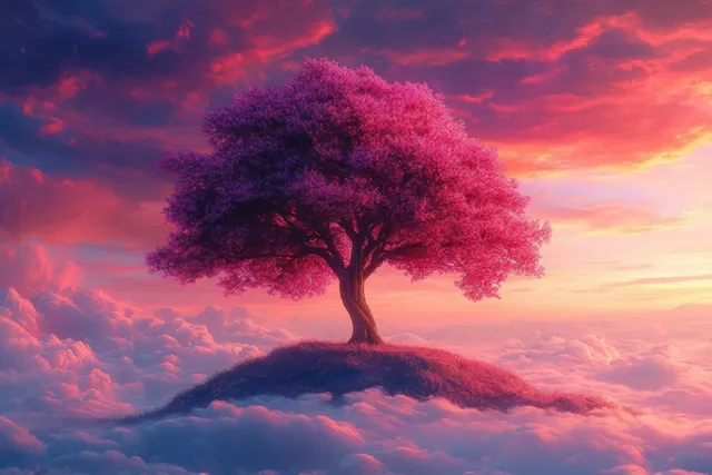 A purple and pink blooming tree grows on a grassy hill surrounded by glowing sunset clouds.