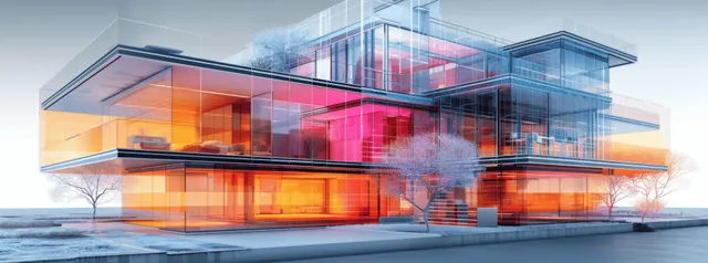 Futuristic modular transparent house with holographic building layers and glowing 3D glass frame