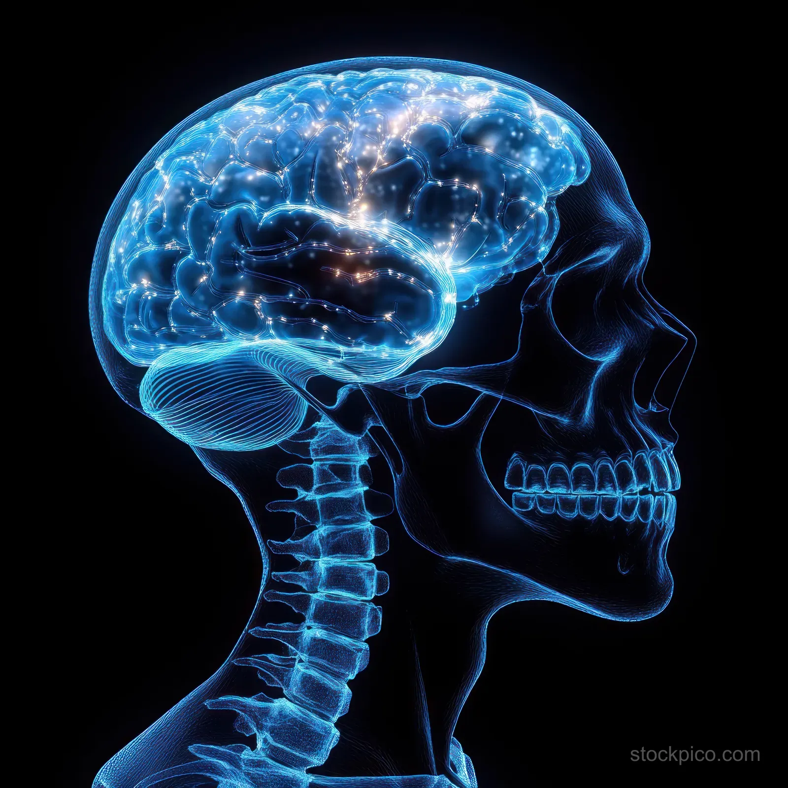 A luminous blue 3D profile of a human skull with glowing brain contours floating over the dark scene.