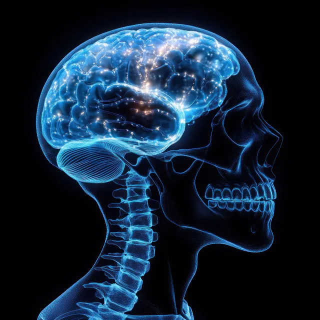 A luminous blue 3D profile of a human skull with glowing brain contours floating over the dark scene.
