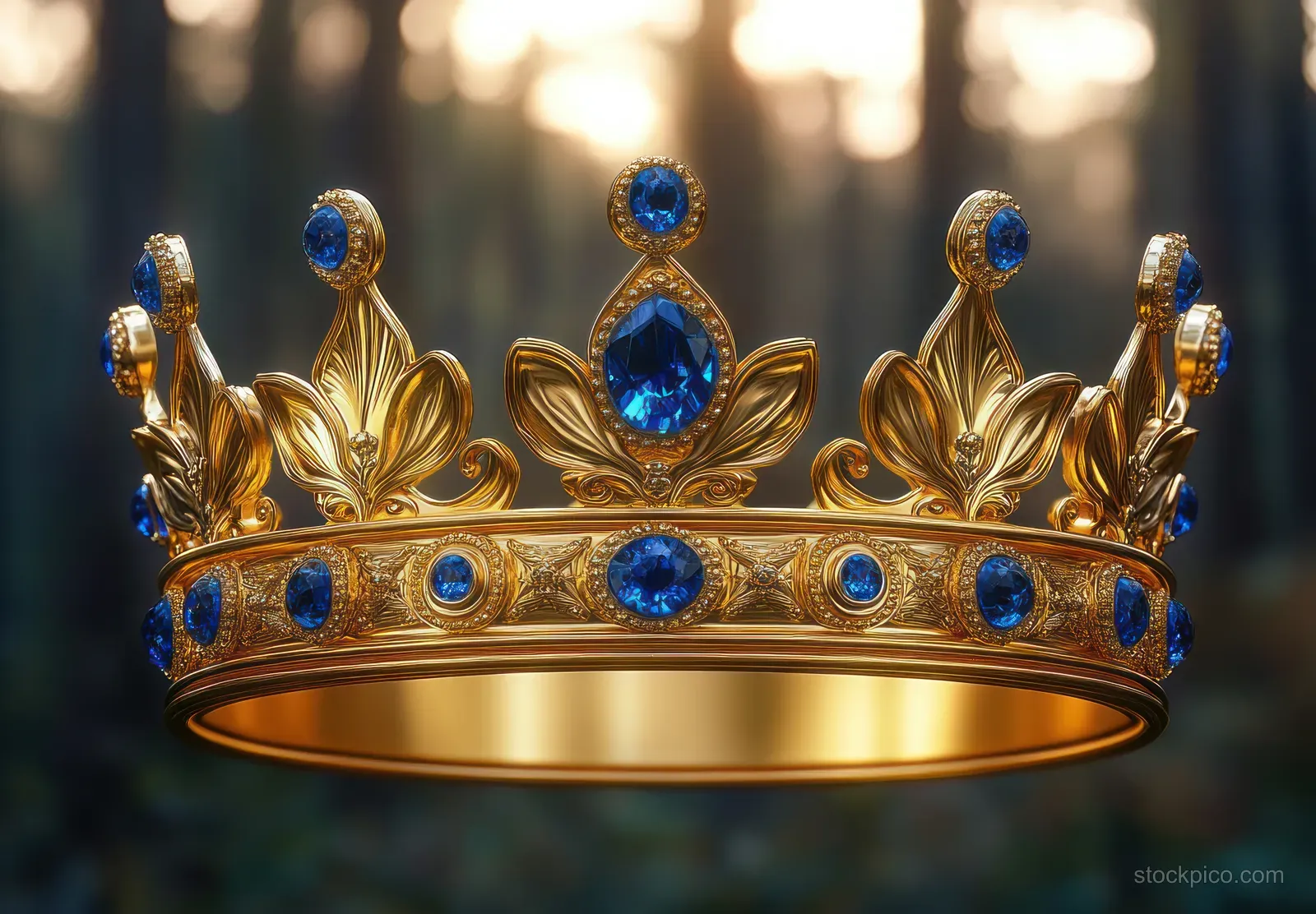 A gold royal crown with blue gemstones centered against a softly blurred, sunlit forest background.