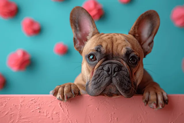 French bulldog peeks over a textured pink ledge against a teal background with scattered pink petals.
