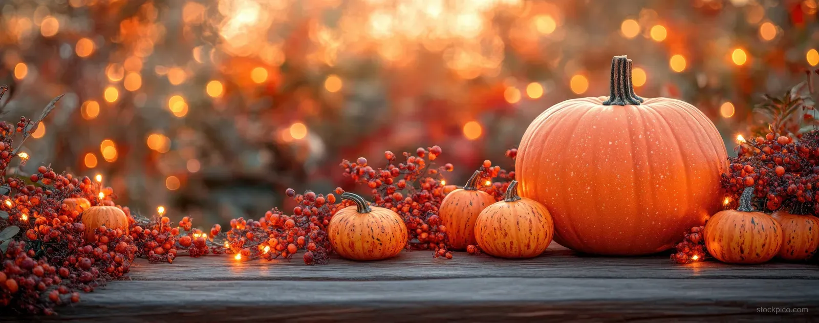 Orange pumpkins and autumn leaves sit on a wooden table with glowing fairy lights behind them.