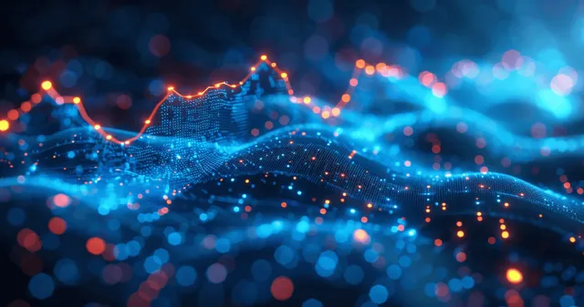 Rising stock market graph over a dark trading screen with glowing data points and light trails.