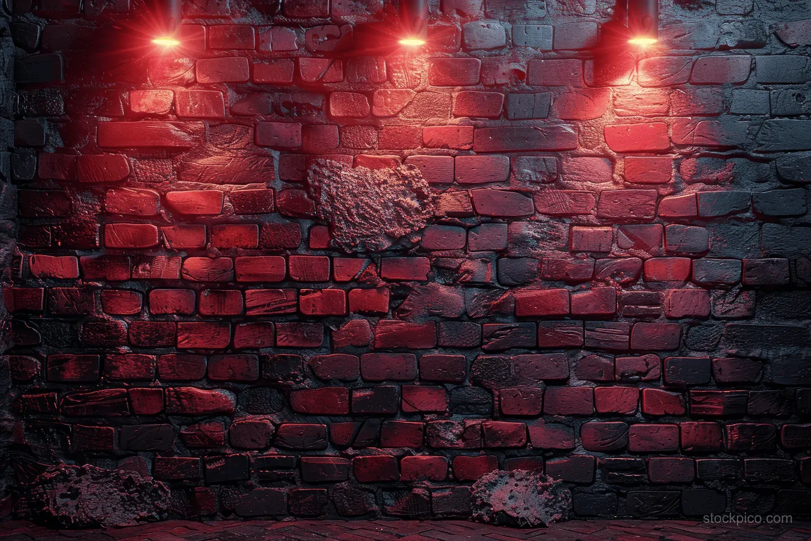 Dark brick wall with red spotlights casting glow across weathered, worn patches.