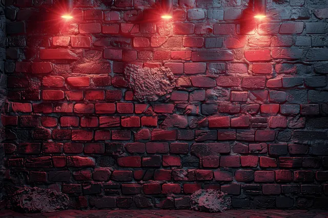 Dark red brick wall lit by three spotlights, showing worn patches and rough texture