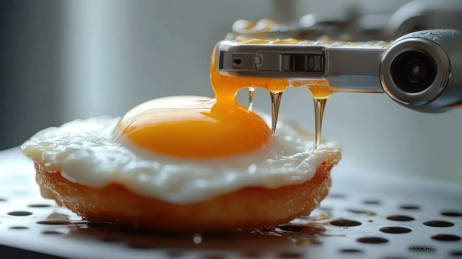 A spatula lifts a fried egg while a golden runny yolk drips back into the pan.