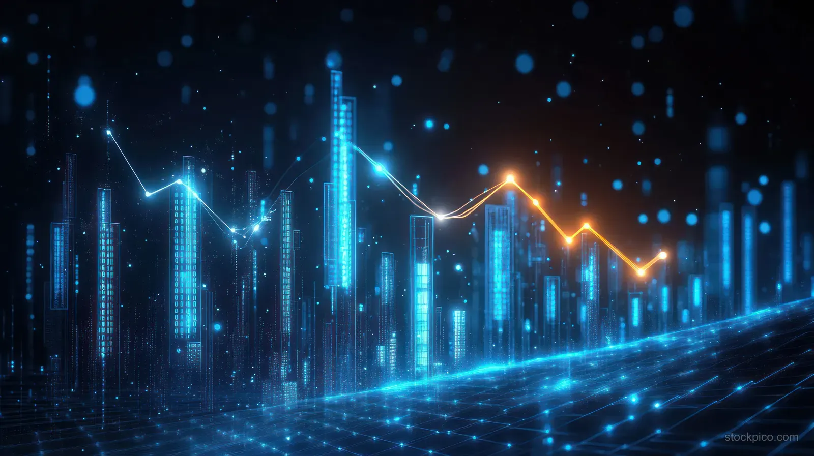 Futuristic cityscape with glowing skyscrapers and layered line graphs illustrating data trends in a high-tech environment.