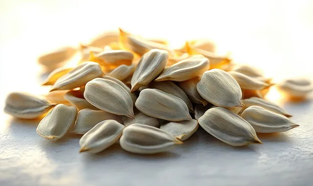 Sunflower seeds piled on a light surface, softly lit to show detailed shell textures.