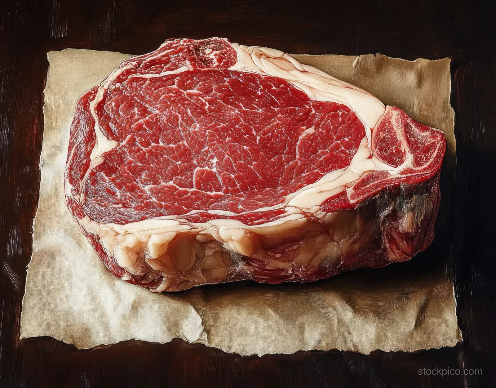 Raw marbled steak with fat edges on parchment paper on a dark wooden table.