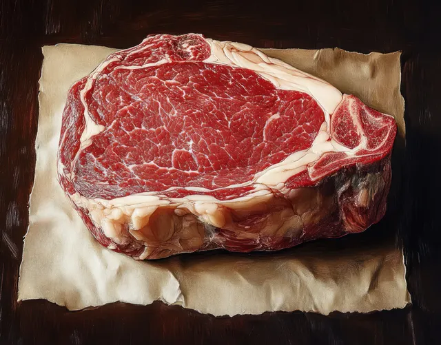 Raw marbled steak with fat edges on parchment paper on a dark wooden table.