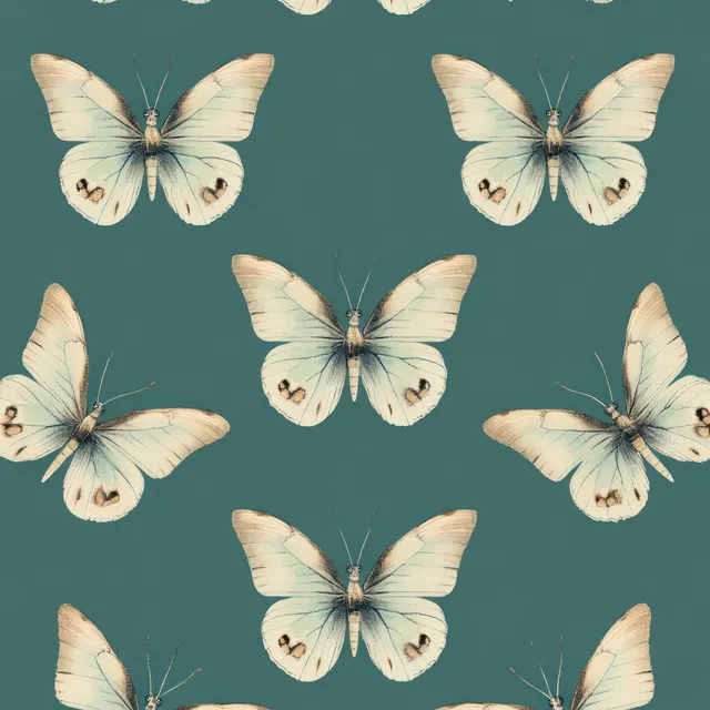 Seamless teal background filled with light blue and beige butterflies in gentle flutter pattern