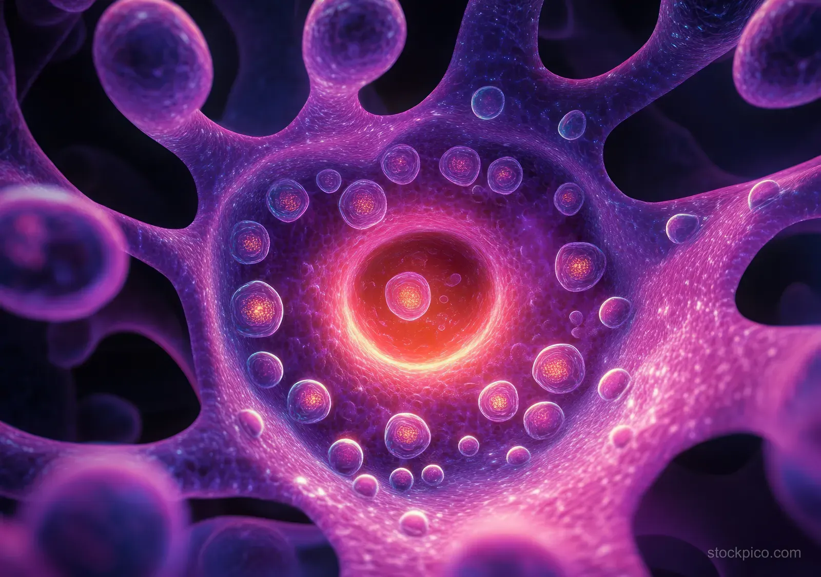 Glowing purple cell interior with vesicles around a bright central nucleus in a microscopic 3D view.