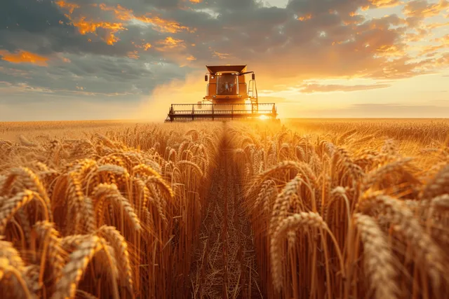 Combine harvester moves through a golden wheat field at sunset with sun flare and drifting dust.
