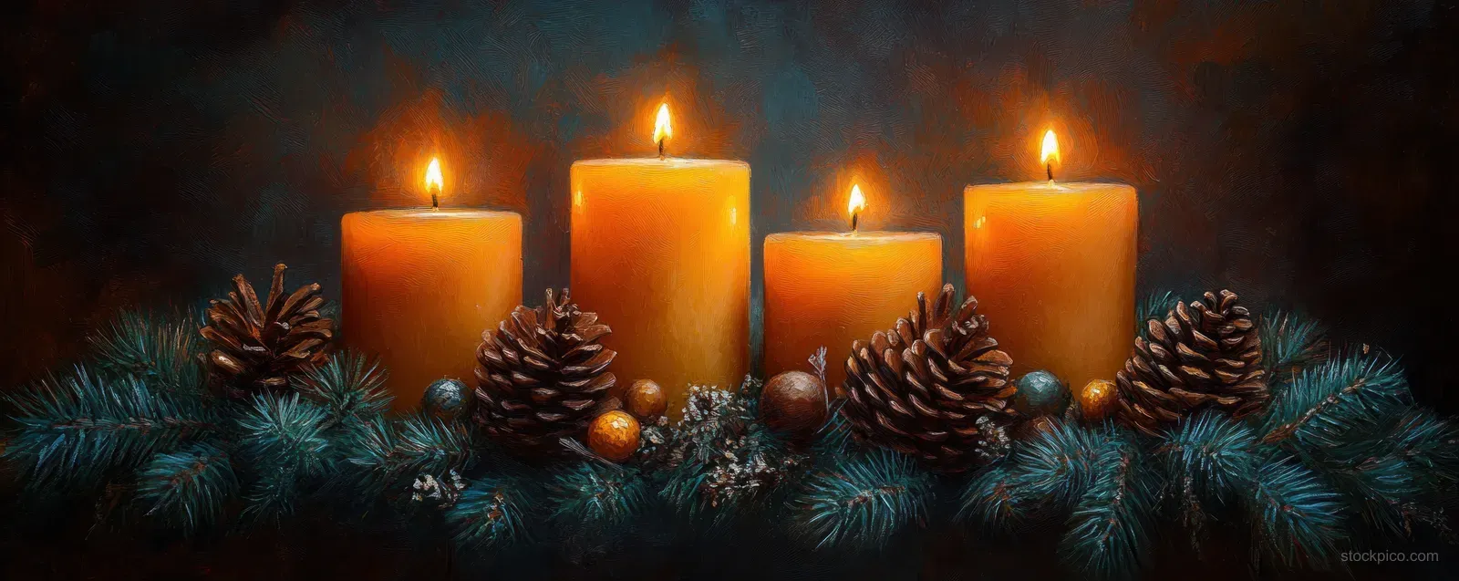 Four burning advent candles glow on a dark night table with pine cones, ornaments, and evergreen sprigs.