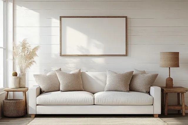 Light gray Scandinavian living room shows a sofa with textured pillows, wooden side tables, a floor lamp, and a window with daylight.