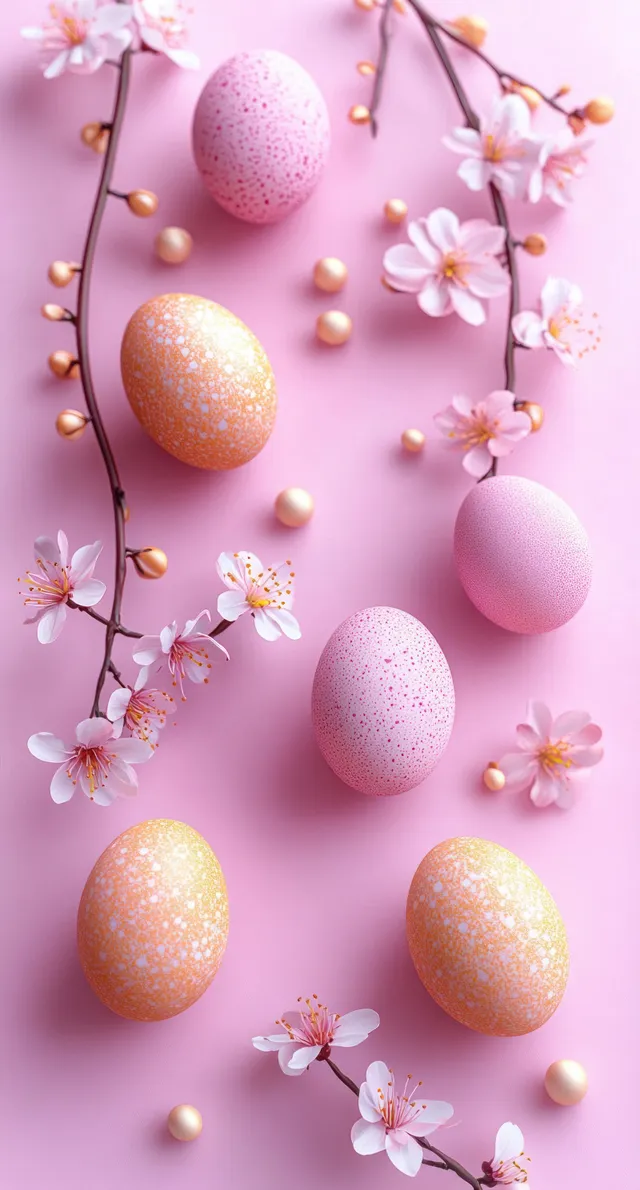 Huevos de Pascua moteados en tonos pastel rodeados de ramas de cerezo rosadas y pequeñas perlas sobre un fondo rosa suave.