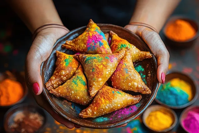 Hands hold a bowl of triangular fried snacks coated with colorful spice powders next to bright colored powder bowls.
