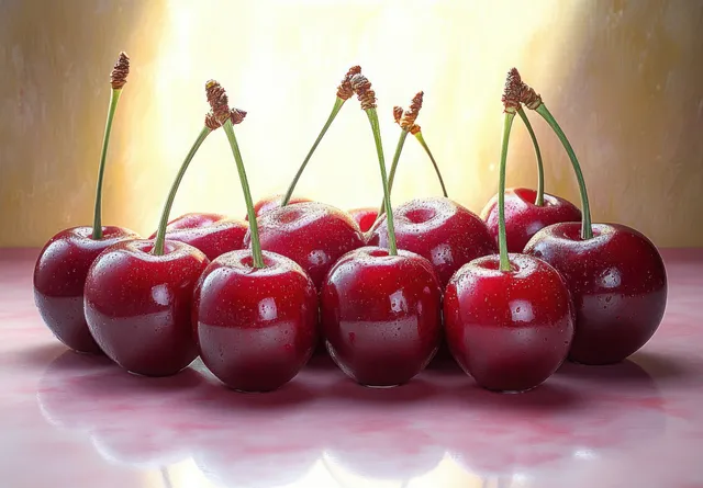 Glossy red cherries arranged in a studio still life with bright window light reflections on a pale surface.