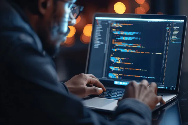 Programmer typing Java and web code on laptop at night with blurred city lights