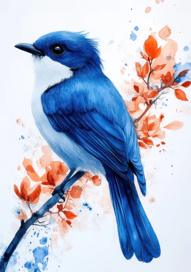 Blue exotic bird perched on a branch with orange blossoms and watercolor splashes on a light background.