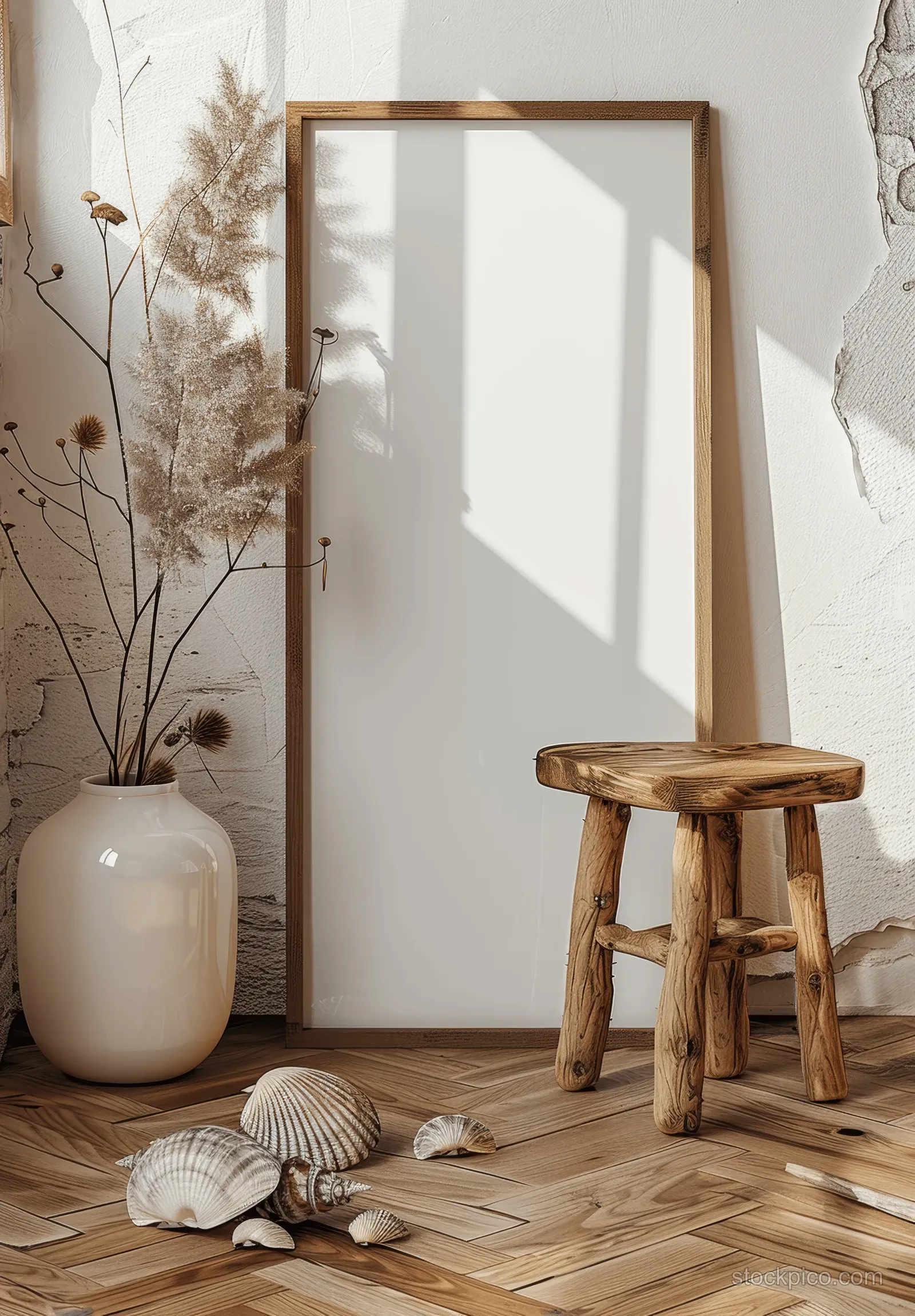 Wooden picture frame mockup stands on a light wall behind a rustic stool, vase, seashells, and dried plants.