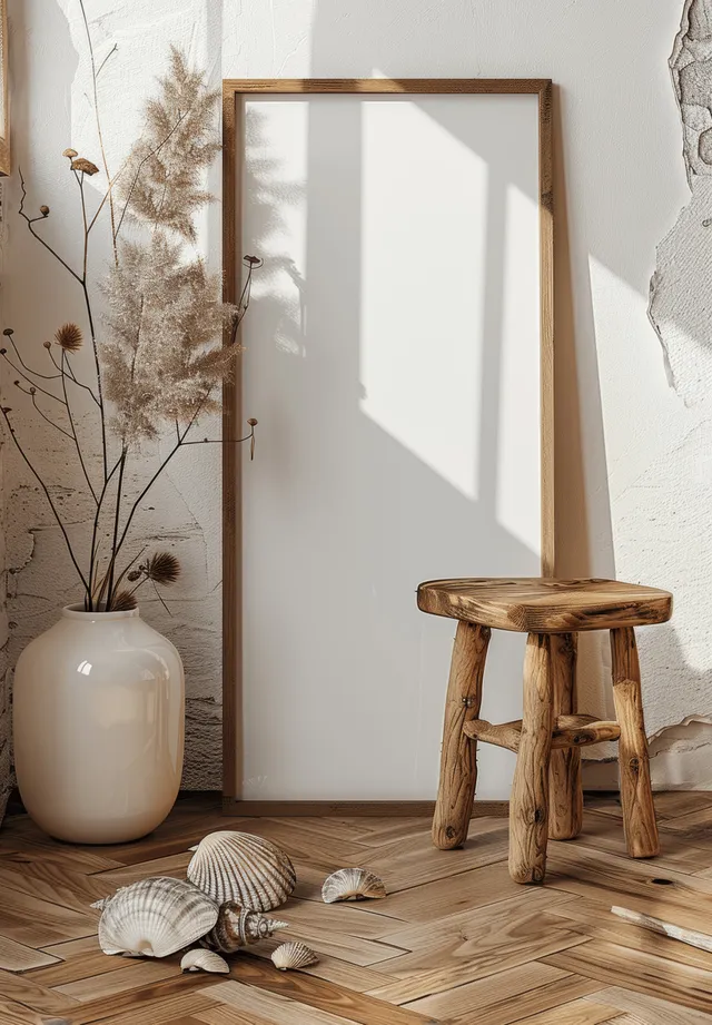 Scandinavian boho room with wooden frame mockup, rustic stool, and vase near natural stone accents